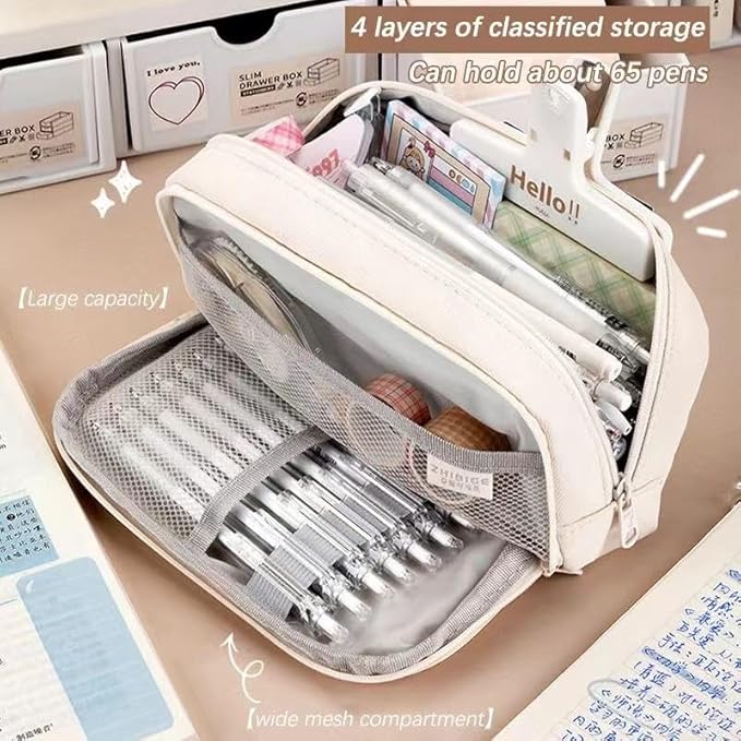 Simple Style Cotton Rope Pencil Holder - Large Capacity Multi-layered Pencil Case Organizer, Aesthetic Minimalist Fabric Pen Pouch with Zipper, Durable Eco-Friendly Pen Pouch Bag (Beige)