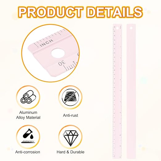 HARFINGTON Metal Straight Ruler 12 Inch(30cm) Metric Aluminum Alloy Measuring Rulers Scale Tool with Hole for Measure Study Reading Classroom Office, Light Pink