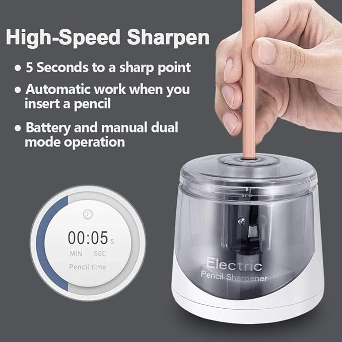 Electric Pencil Sharpener, Battery Operated for Kids Artists Adults, Automatic Sharpen for 2B/HB/Colored Pencils, Portable for Classroom (White)