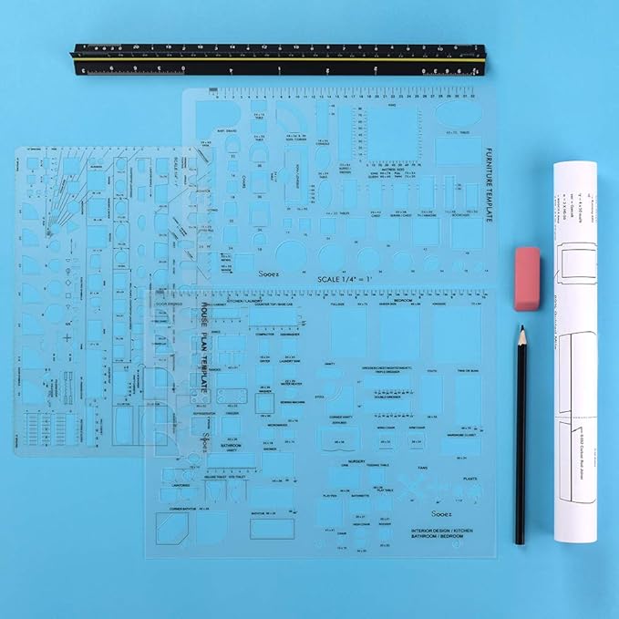 Sooez Architectural Templates, House Plan, Interior Design and Furniture Template, Drafting Tools and Supplies - Set of 3
