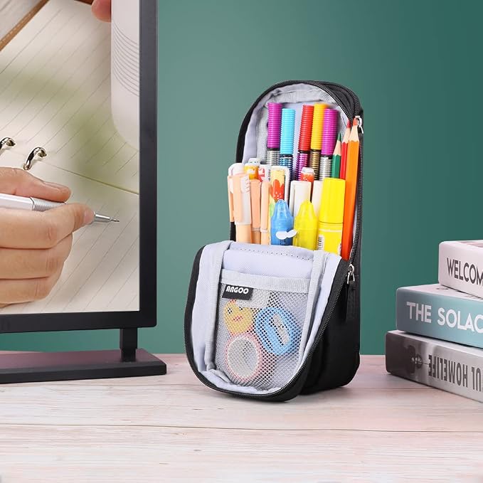 iSuperb Standing Pencil Case 2 Compartments Pencil Pouch Magnetic Mobile Phone Holder Bracket Pen Bag Large Capacity Phone Pouch College Stationery Organizer Storage for Kids Boys Girls