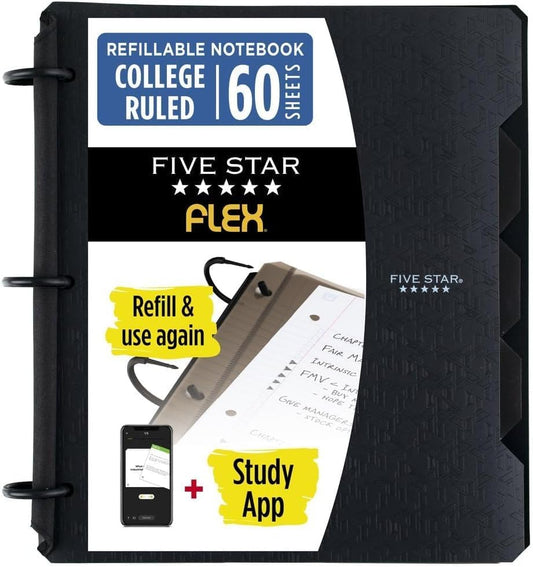 Five Star Flex Refillable Notebook + Study App, College Ruled Paper and 1 Inch TechLock Ring Binder with Pockets, Tabs and Dividers, 200 Sheet Capacity, Black (29328AA2) (Pack of 6)