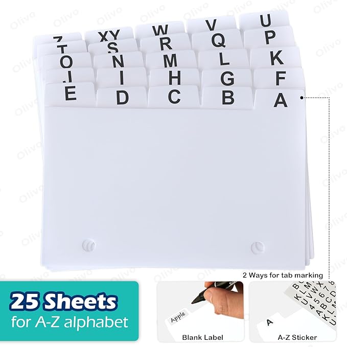 Olivo Plastic Index Card Dividers 3x5 Poly Index Card Guides Set with 1/5 Cut Tabs for A-Z Alphabet, 2 Holes Punched, White, 25 Pack