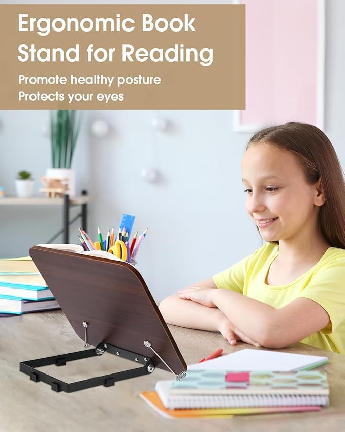 Honagu Desk Book Stand, Reading Rest Holder, Angle Adjustable for Textbooks, Documents, Cookbooks, Music Books, Tablets, Recipes (Brown Wood)