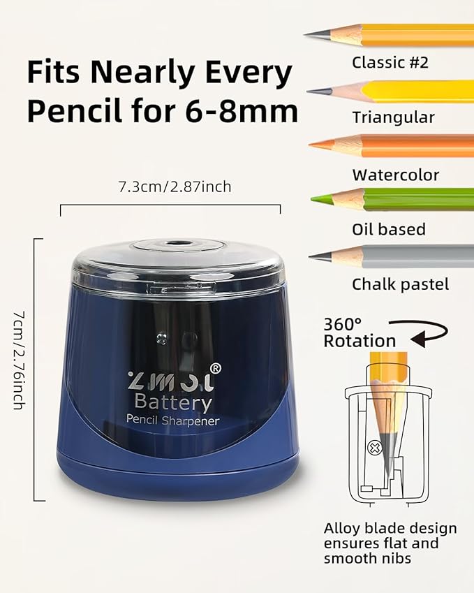 ZMOL Battery Powered Electric Pencil Sharpener,Small Battery Operated Colored Pencil Sharpeners Portable for Kids,Fast Sharpen, Suitable for No.2/Colored (6-8mm), School/Classroom/Office/Home Blue