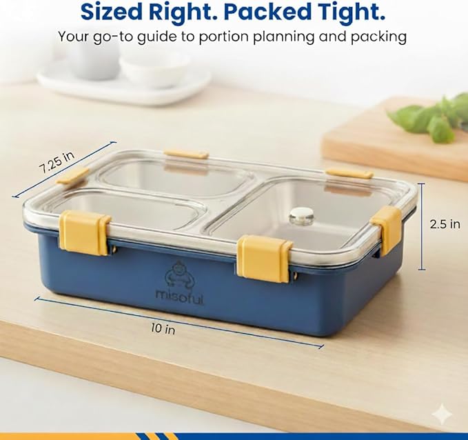 Bento Lunch Box for Kids Age 8+, Teens, Adults - 1000ml Stainless Steel School Lunchbox, 3 Compartments, Non-Microwavable, Compact BPA-Free Food Container for School Lunches, Snacks, Travel - Blue