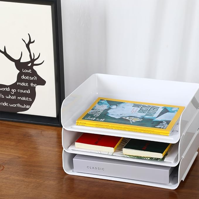 3 Tiers Stackable A4 Paper Trays, Office Desk File Holder, Tidy File Document Letter Book Paper Organizer (3 Tiers,White)