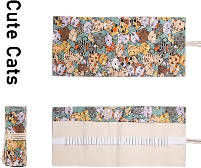 DIYOMR 24/36/72 Slots Pencil Wrap Pencil Rolls, Artist Colored Pencils Roll Up Bag Short Brushes Pouch Case Pencils Organizer for Drawing Coloring and Sketching, NO PENCILS (Cuddly Cat, 72slots)