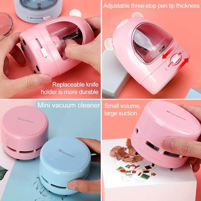 Electric Pencil Sharpener Stationery Set Gift Box Desktop Vacuum Cleaner Electric Eraser with Replacement Blade, Eraser, Battery Operated Automatic Sharpener, Pink
