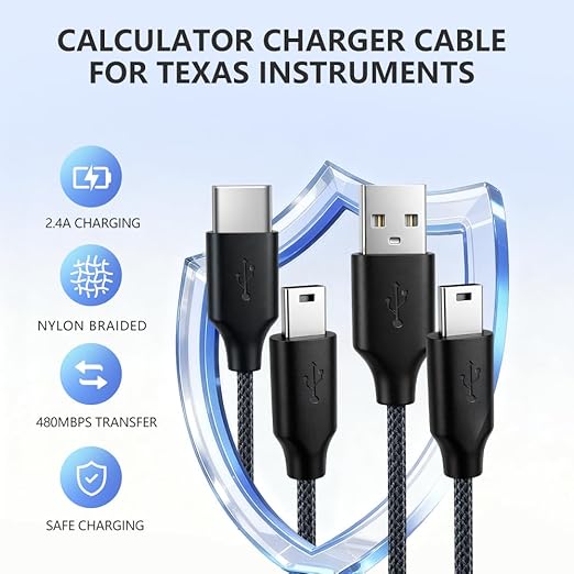 【2-Pack USB & USB C Braided Power and Data Cables】, Compatible with TI-84 Plus CE, TI-84 Plus C Silver, TI 89 Titanium, TI Nspire CX/TI Nspire CX CAS