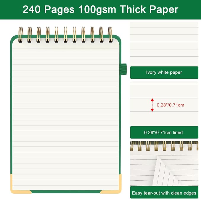 Mousbull A5 Top Spiral Notebook, Tree Pattern Large Leather Hardcover Left Handed Journal, 240 Pages 100 Gsm Lined Paper Top Bound Steno Pads for Work, School, Travel Writing - Green, 5.9" x 8.5"