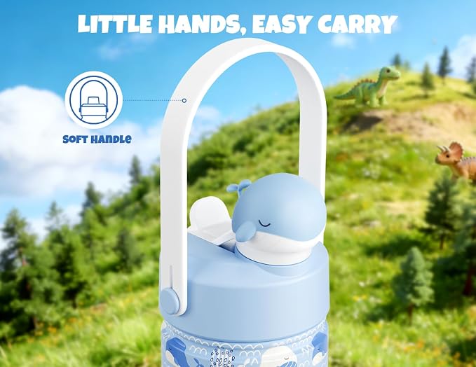 POWCAN 12 oz Kids Water Bottle for School: 2-in-1 Straw Spout Lid with Soft Animal Head, Leakproof, Backpack Friendly, Keep Cold 24H, Insulated cup for Sports, Playground, Holiday Gift (Whale Splash)