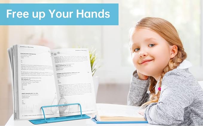 Honagu Metal Desk Book Holder, Hands Free Adjustable Cookbook & Document Holder, Portable Bookstand for Music Books, Textbooks, Recipes, Tablets & iPads (Sky Blue)