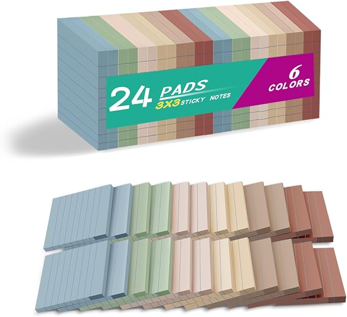 (24 Pack) Lined Sticky Notes 3x3 in,Notepads with Lines,Ruled Stickies Super Sticking Power,Office School Memo Note Pads Vintage Colors,Post on Windows Doors,Recyclable,Easy to Write on