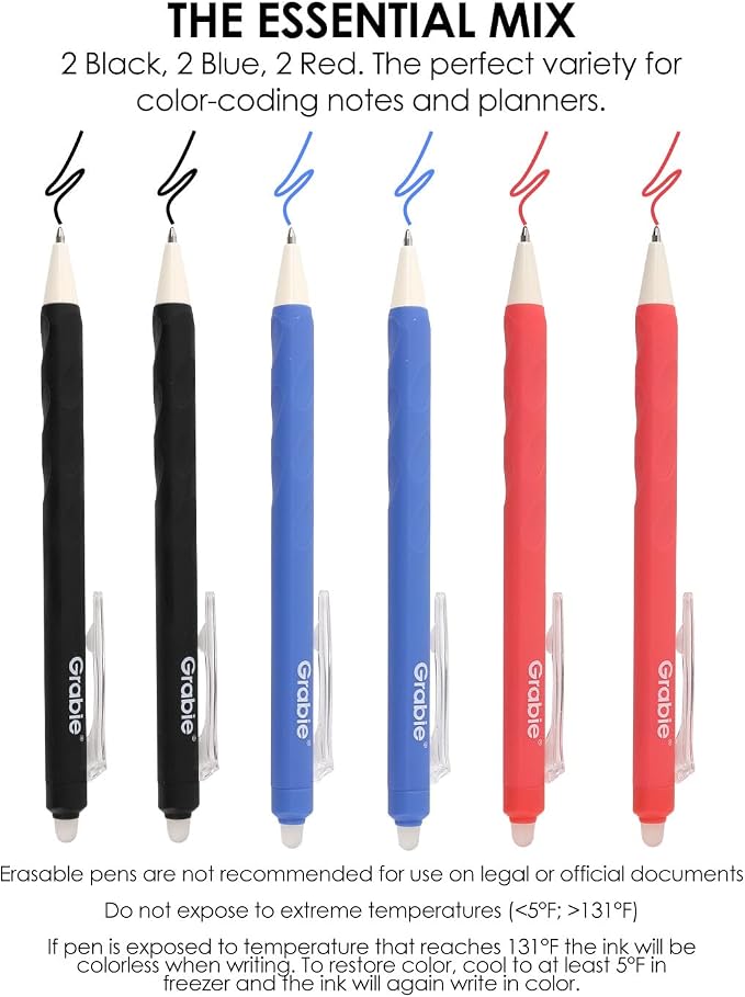 Grabie Erasable Gel Pens, Medium Point 0.7 mm Erasable Pens, Make Mistakes Disappear for Drawing Writing Planner, Pack of 6, Black/Blue/Red