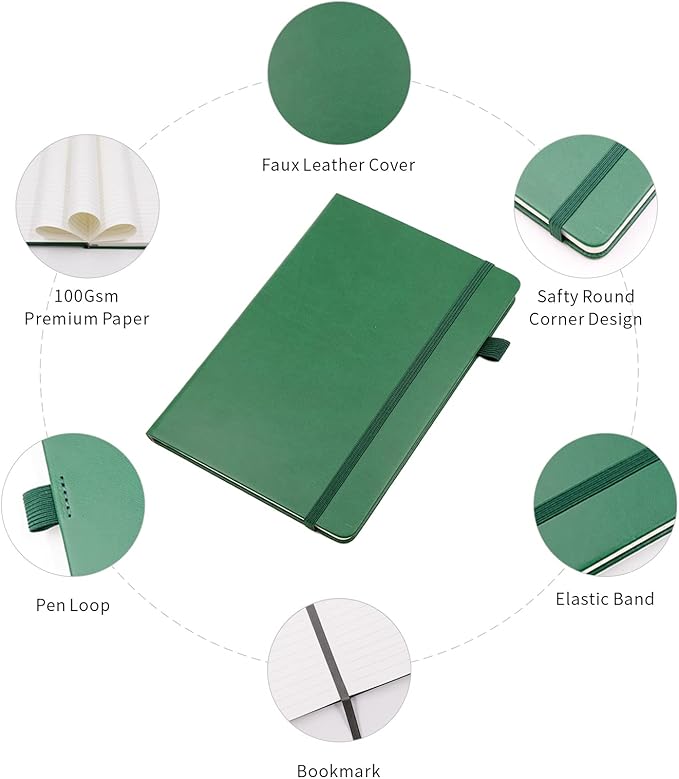 Lined Journal Notebooks with Pen Loop, Hardcover Notebook Journal for Work, 100Gsm Premium Thick Paper with Inner Pocket, Medium 5.7"x8.4", （Dark-Green, Ruled）