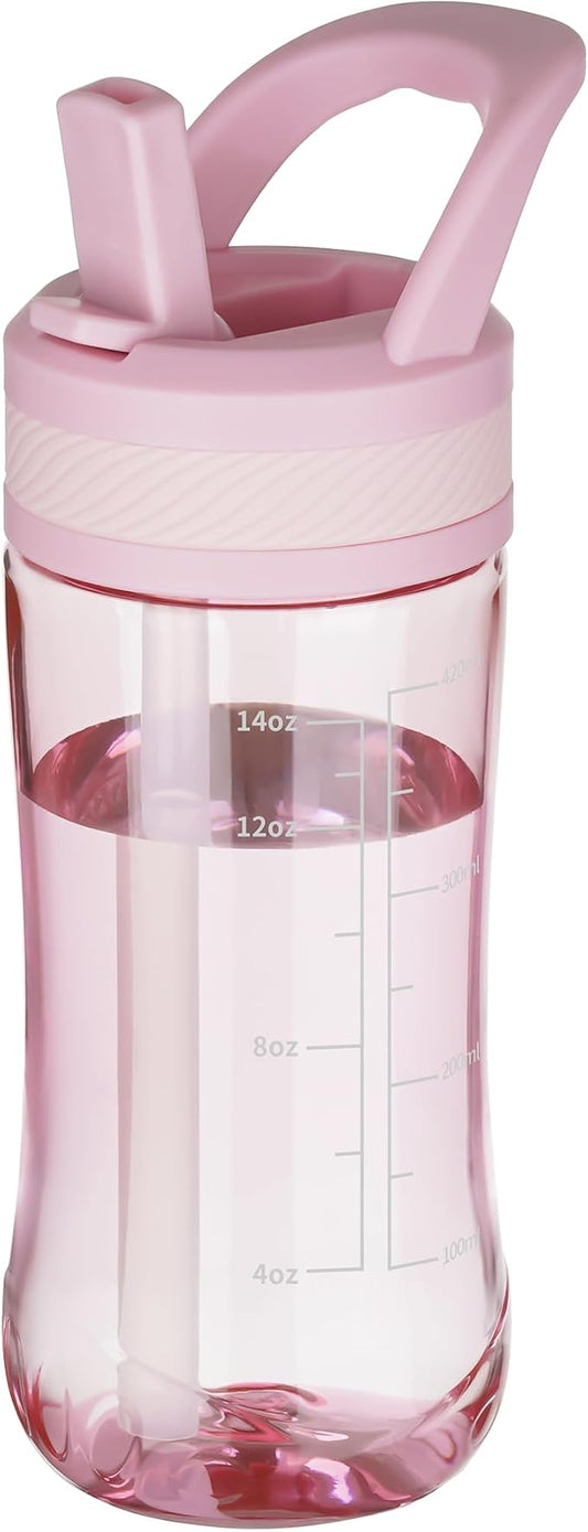 14oz Clear Kids Water Bottle with Straw Lid, BPA-Free Tritan, Measurement Scale, Sturdy Handle Wide Mouth Leak-proof Reusable Plastic Bottle for Boy& Girls, Back to School(Pink)