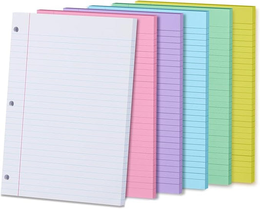 Loose Leaf Paper (6 Pack) Wide Ruled Notebook Paper Filler, 3 Hole Punched Office Sheets Bulk for 3 Ring Binder, Lined Paper Writing Note pads 300 Sheets, in Pink, Purple, Yellow, Green, Blue, White