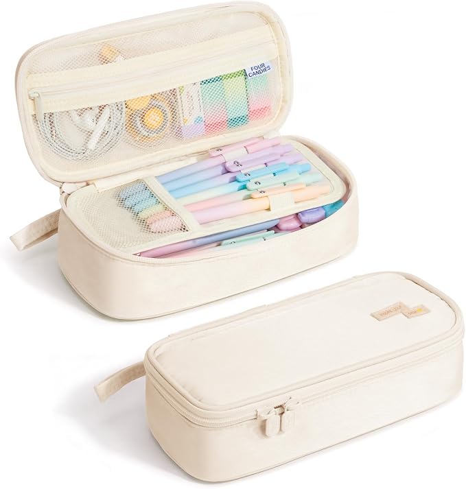 Four Candies Large Pencil Case, 5 Compartments Canvas Pen Organize | Big Capacity Pencil Pouch Bag for School Supplies, Portable Stationery Holder for Teen Girls Boy Men Women
