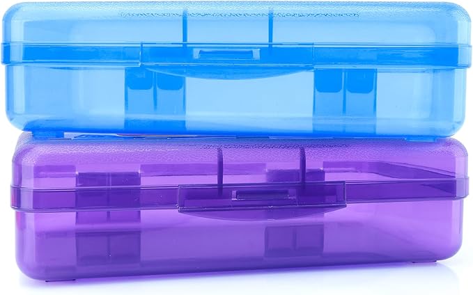 Pencil Case, Pencil Box, Clear Pencil Case, 2 Pack Plastic Pencil Case, Large Pencil Case, Clear Crayon Box with Snap-tight Lid Stackable Design, Plastic Storage Box for Office Supplies, Purple+Blue