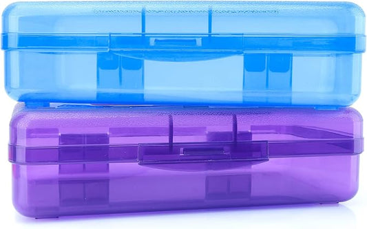 Pencil Case, Pencil Box, Clear Pencil Case, 2 Pack Plastic Pencil Case, Large Pencil Case, Clear Crayon Box with Snap-tight Lid Stackable Design, Plastic Storage Box for Office Supplies, Purple+Blue