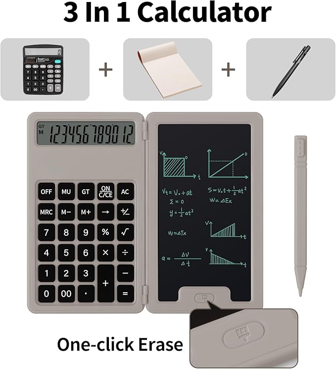 Desk Portable Basic Calculator, Small Mini Calculators with Writing Notepad and Stylus, More Lightweight and Portable, 12Digit Large Display Multi-Function for Office, School, Home & Financial (Khaki)
