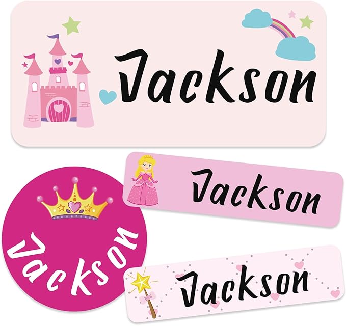 Daycare Name Labels for Kids, 360pcs Waterproof & Removable Name Stickers for Water Bottles, Lunch Boxes and School Daycare Name Tag (Princess)