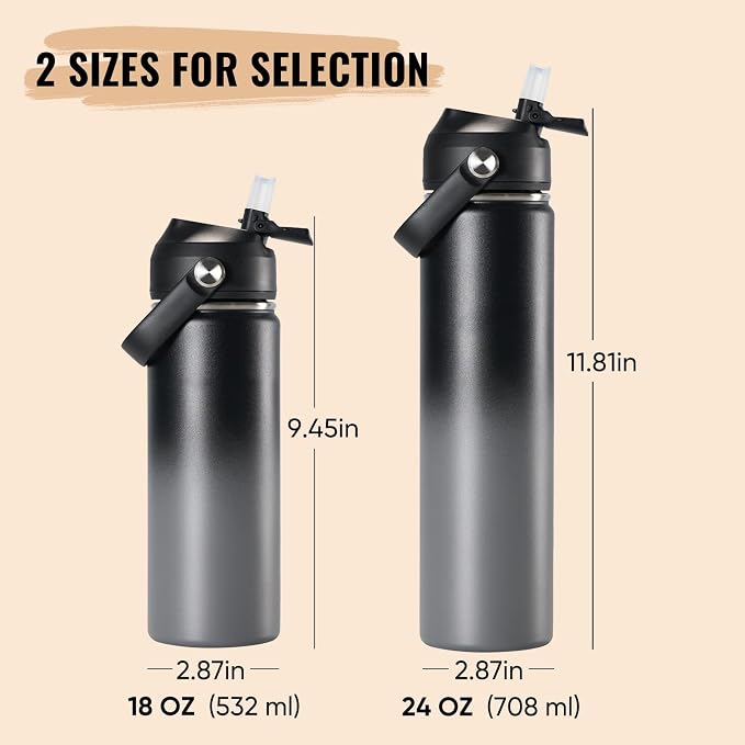 Fijinhom 24oz Insulated Stainless Steel Water Bottle, Wide Mouth Double Wall Vacuum, Silicone Straw, Sweat & Leak Proof, BPA Free Insulated Water Flask for Travel, Keep Cold 24h Hot 12h, Grey