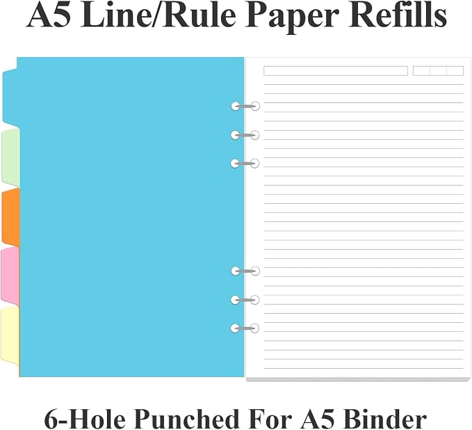A5 Refill Paper - 6 Hole Planner Inserts for A5 Binder, 200 Pages 6 Ring Loose Leaf Lined Paper with 5 Colorful Binder Dividers, 5.8" x 8.5"