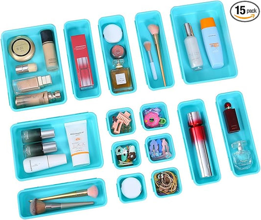 Kutesna 15 PCS Interlocking Desk Drawer Organizer Separator for Office,Bathroom,Kitchen,Makeup（Blue&Green）