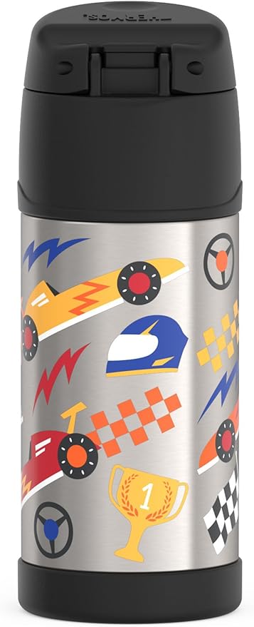 THERMOS FUNTAINER Water Bottle with Straw - 12 Ounce, Hot Rods - Kids Stainless Steel Vacuum Insulated Water Bottle with Lid
