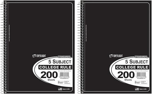 Top Flight Standards 5-Subject Wirebound Notebook, 200 Sheets, 3-Hole Punched, College Rule, 10.5 x 8 Inches, 1 Notebook, Color May Vary (31820) (Pack of 2)
