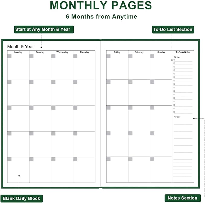 Daily & Monthly Planner for 2026 or Anytime - ADHD Planner Two Pages Per Day, Daily Planner Undated to Increase Focus, Eliminate Overwhelm, Achieve Your Biggest Goals, 5.8'' × 8.3'', Green