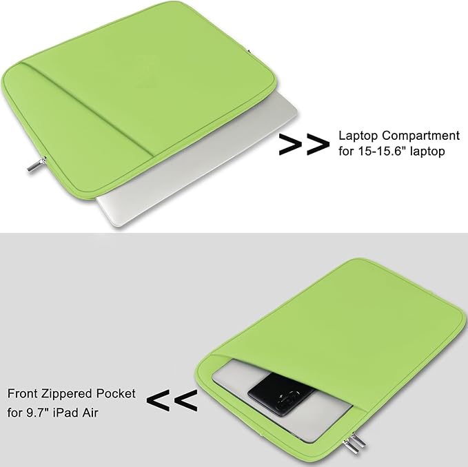 Askuko Laptop Sleeve, Shockproof Protective Computer Case, Handbags Portable Laptop Bag for 15.6 inch HP Dell Asus Lenovo Notebook Computer with Front Pocket, Light Green