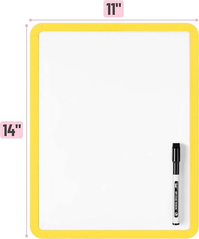 Mr. Pen- Dry Erase Board, 14” x 11” with a Black Dry Erase Marker, Yellow Frame, Small Mini White Board for Students, Fridge, Wall, Locker, Includes Double Sided Tapes