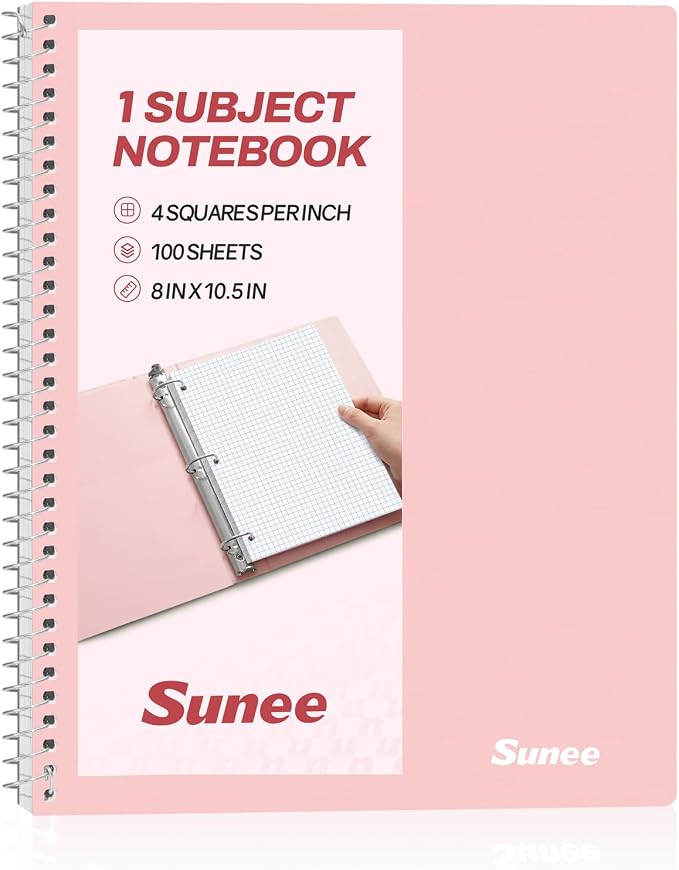 SUNEE Spiral Notebook, 1-Subject, Graph Ruled Paper, 8" x 10-1/2", 100 Sheets per Notebook, 3-Hole Punched Paper, Water Resistant Cover, Spiral Grid Notebooks for Work, Home, School, Writing, Pink