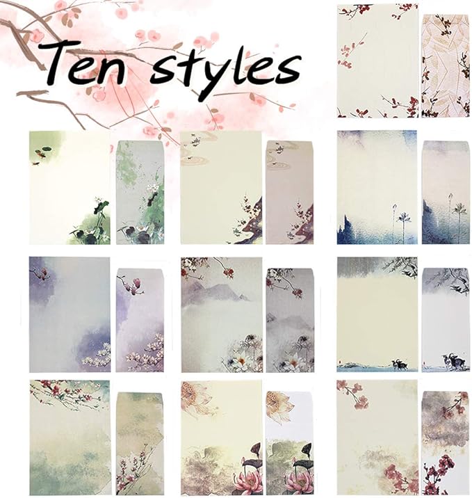 Stationery Paper and Envelopes Set,60PCS Stationary Set(40 stationery Papers + 20 Envelopes) 10 Different Color Ink Painting Classic Vintage Antique Design With Tape. (60 PC)