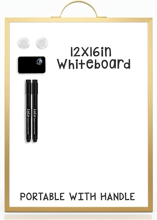 Magnetic Dry Erase Board 12x16 with Handle, Double Sided Portable Gold Whiteboard for Home, Office, School & Kitchen