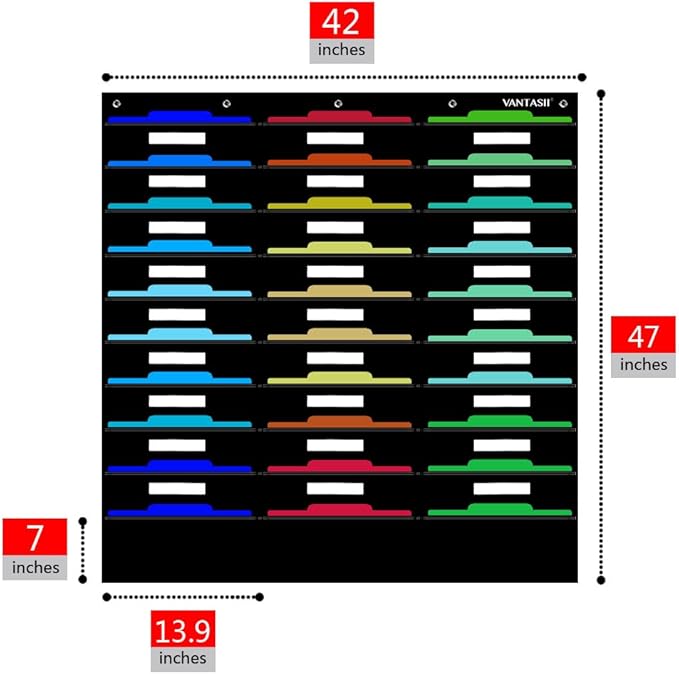 Vantasii Organization Center Pocket Chart, Wall File Organizer Folder with 30 File Pockets, 30 Dry-Erase Cards Plus 5 Over The Door Hooks and 8 Wall Hooks, 47 X 42 inch