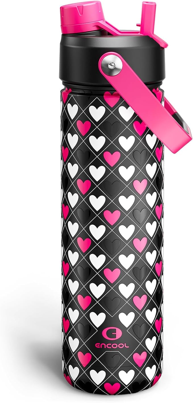 ENCOOL Insulated Water Bottle with Straw Stainless Steel Water Bottle, Leak-Proof, BPA-Free, Keeps Cold for 24 Hours for Sports, Travel, School (26 oz,Bold Hearts Valentine x Black)