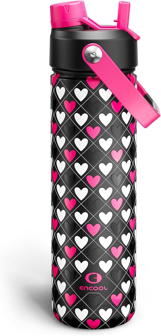ENCOOL Insulated Water Bottle with Straw Stainless Steel Water Bottle, Leak-Proof, BPA-Free, Keeps Cold for 24 Hours for Sports, Travel, School (26 oz,Bold Hearts Valentine x Black)