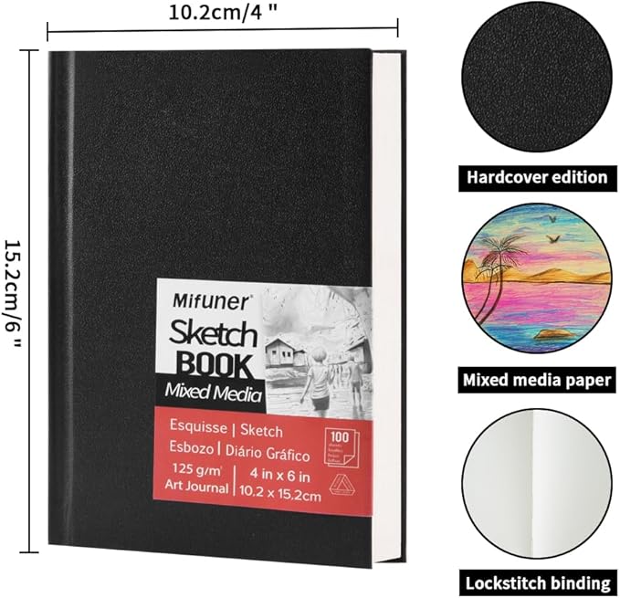 E-WEICHEN Mixed Media Sketch Pad, 4 x 6 inches 125 GSM (100 Sheets/200 Pages) Sketchbook for Drawing, Hardcover Mix Media Art Sketchbook for Wet and Dry Media,Painting,Drawing. 4X6