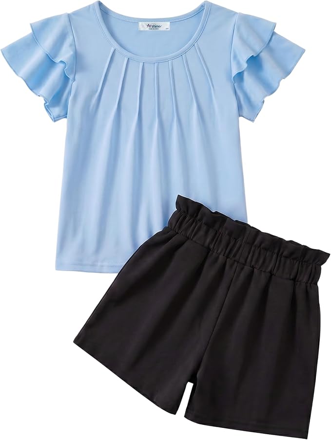 Arshiner Girls 2 Piece Outfits Summer Ruffle Sleeve Top and Paperbag Waist Shorts Set with Pockets Size 5-13 Years