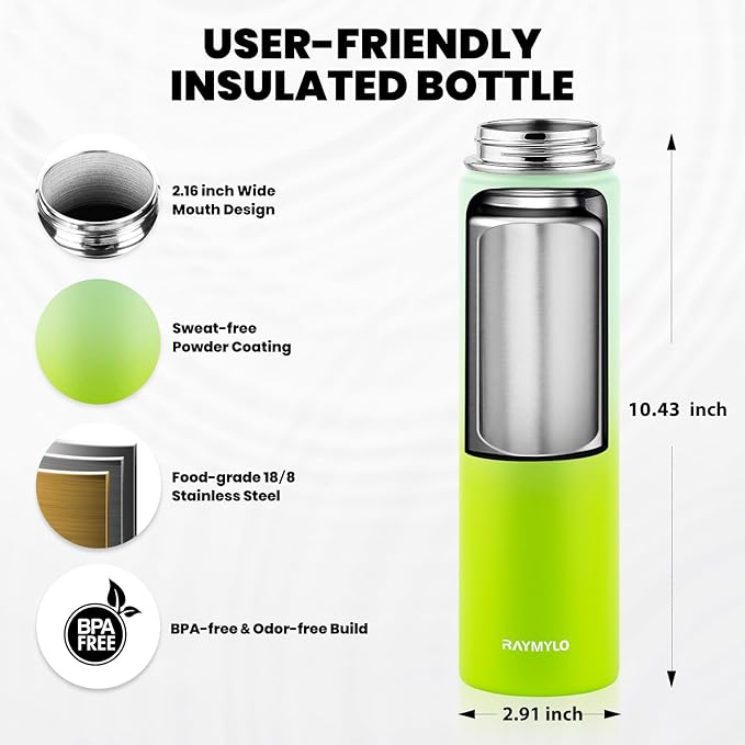 RAYMYLO Insulated Water Bottle 24oz, Triple Wall Vacuum Stainless Steel (Cold for 24Hrs, Hot for 12Hrs), Leak Proof & Non-BPA, 24oz Hydro Water Flask with Paracord Handle & Straw Spout Lids