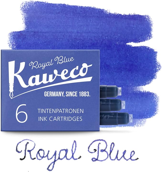 Kaweco Fountain Pen Ink Cartridges Royal Blue Pack of 6 | Premium Ink with Short Standard Cartridges in Blue | Vegan Cruelty Free Water Soluble Calligraphy Lettering Writing