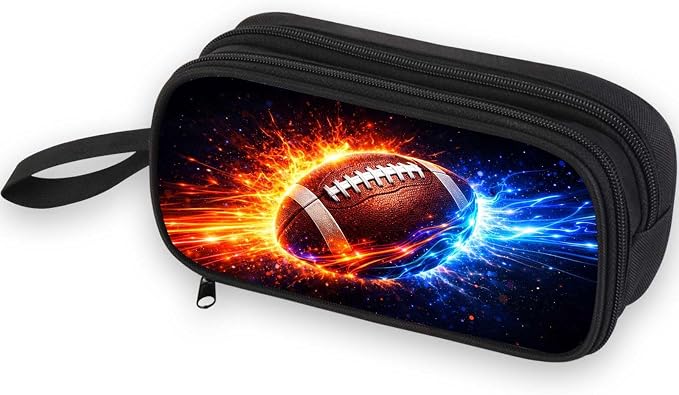 Firmiso Kids Pencil Case, Fire & Ice Football Graphic, Large Capacity Double Zipper Pencil Pouch with Compartments, Durable Polyester School Supplies Organizer, Back to School Essential
