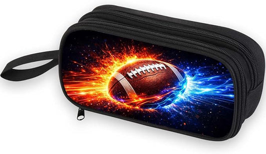 Firmiso Kids Pencil Case, Fire & Ice Football Graphic, Large Capacity Double Zipper Pencil Pouch with Compartments, Durable Polyester School Supplies Organizer, Back to School Essential
