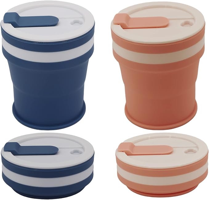 silica gel collapsible water cups, coffee cups, improved, cup cover sealed reinforced, 12 oz travel camping cup (Blue+Pink) 2pcs……