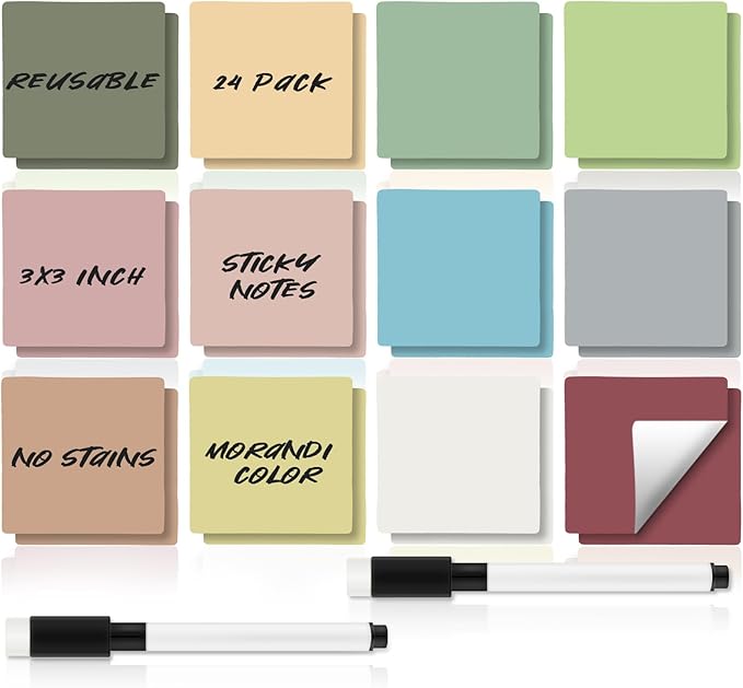 24 Pcs Reusable Dry Erase Sticky Notes 3"x 3" Whiteboard Labels Peel & Stick Dry Erase Colorful Labels and 2 Black Marker for Office Classroom Home Notes Lists Reminders Planning Teach(Morandi Color)