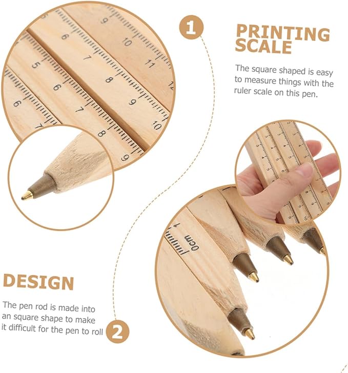 Natural Wood Ballpoint Pens with Printed Ruler 20pcs Set, Biodegradable Carpenter Woodwork Marker Pens Black for Construction and Office Use